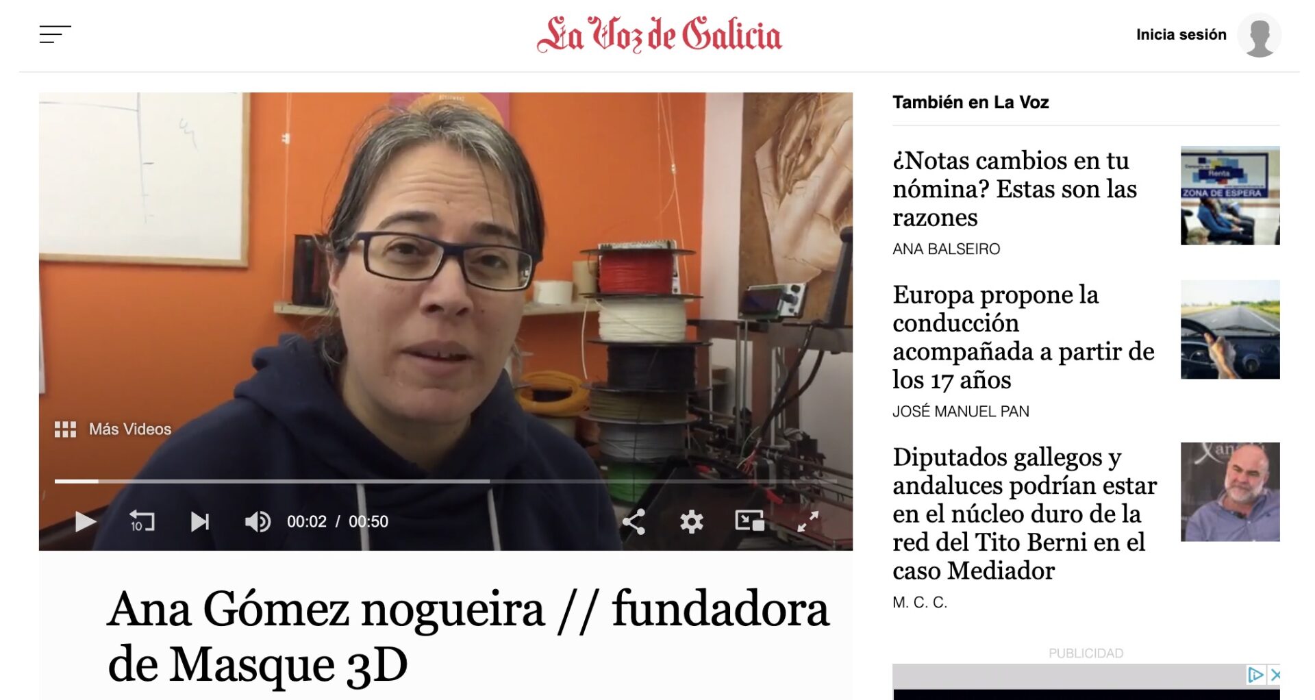 Recorte de prensa de la web de La Voz de Galicia con vídeo donde se ve a Ana Gómez de Más que 3D