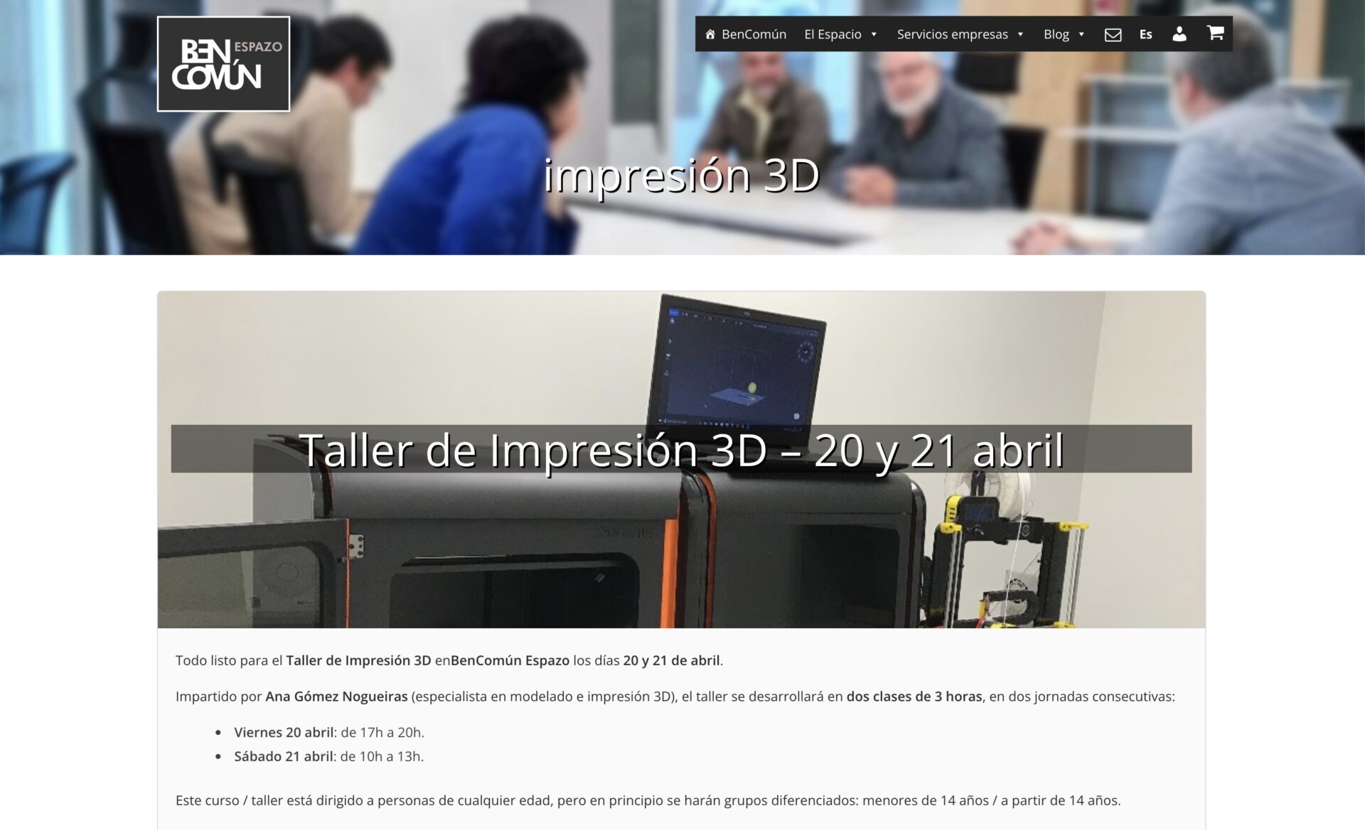 Recorte de web Espazo Ben Común donde se anuncia un taller de impresión 3D impartido por Más que 3D