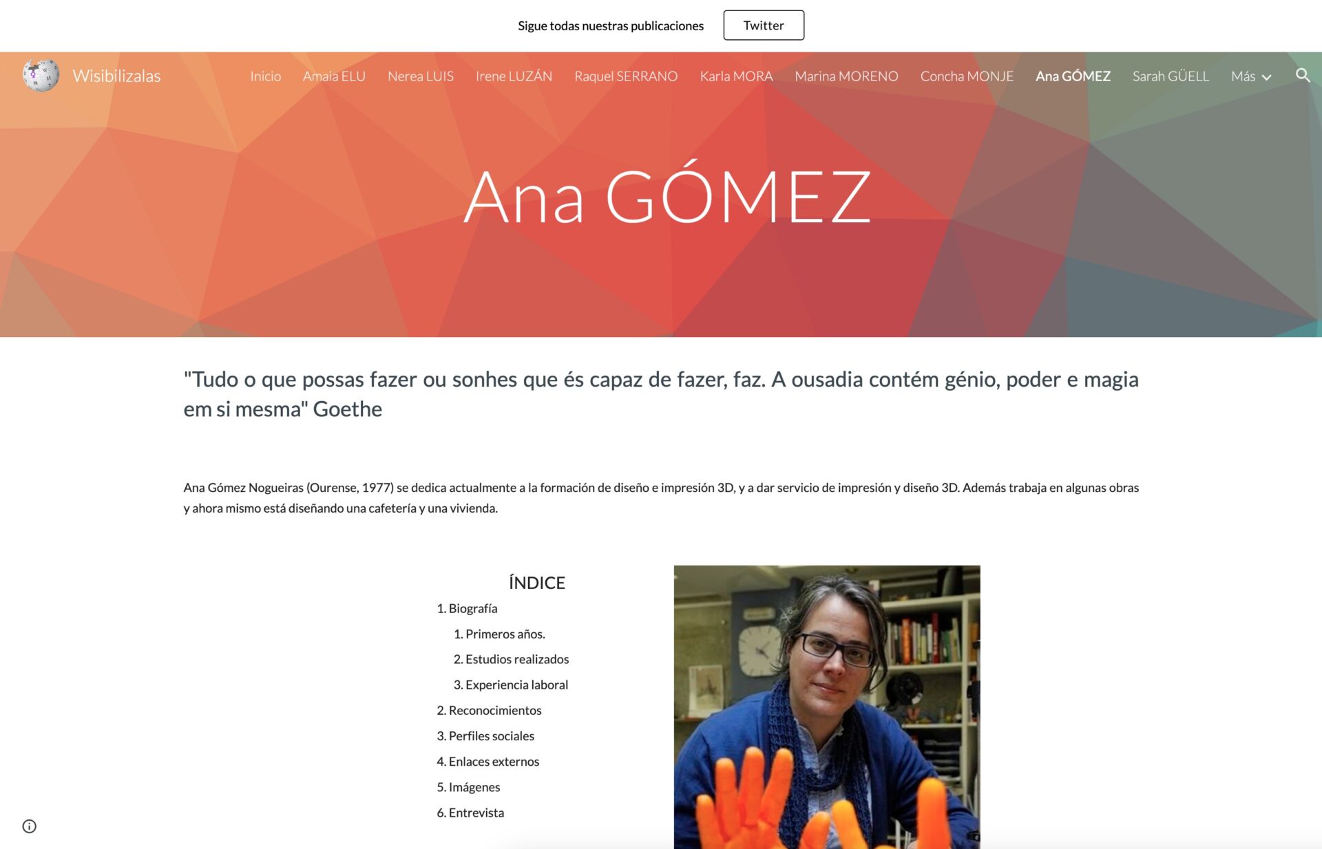 Recorte de prensa de la web Wisibilizadas con fotografía de la dueña, Ana Gómez, de Más que 3D